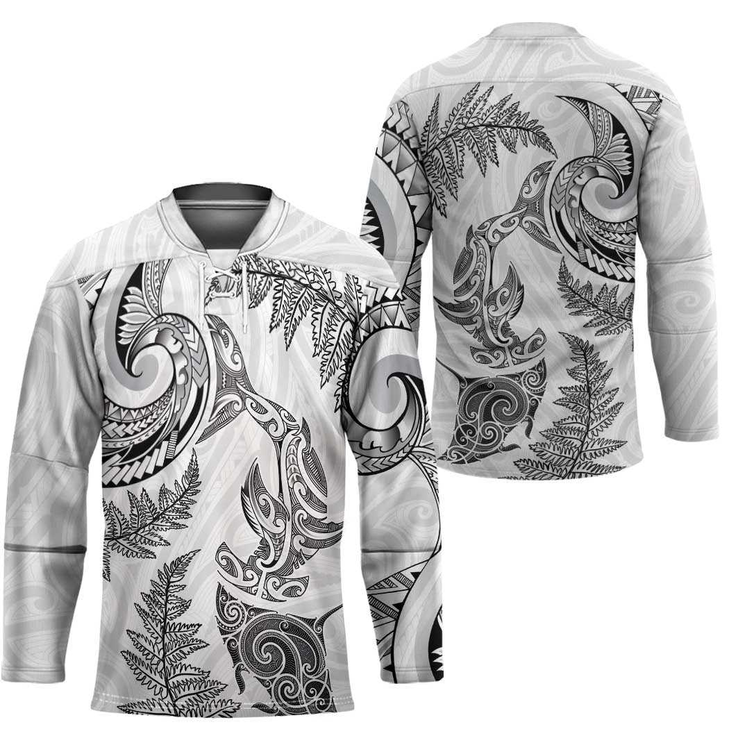 New Zealand Sea Animals with Maori Tribal Tattoo Hockey Jersey Shark Manta Ray with Silver Fern White LT03