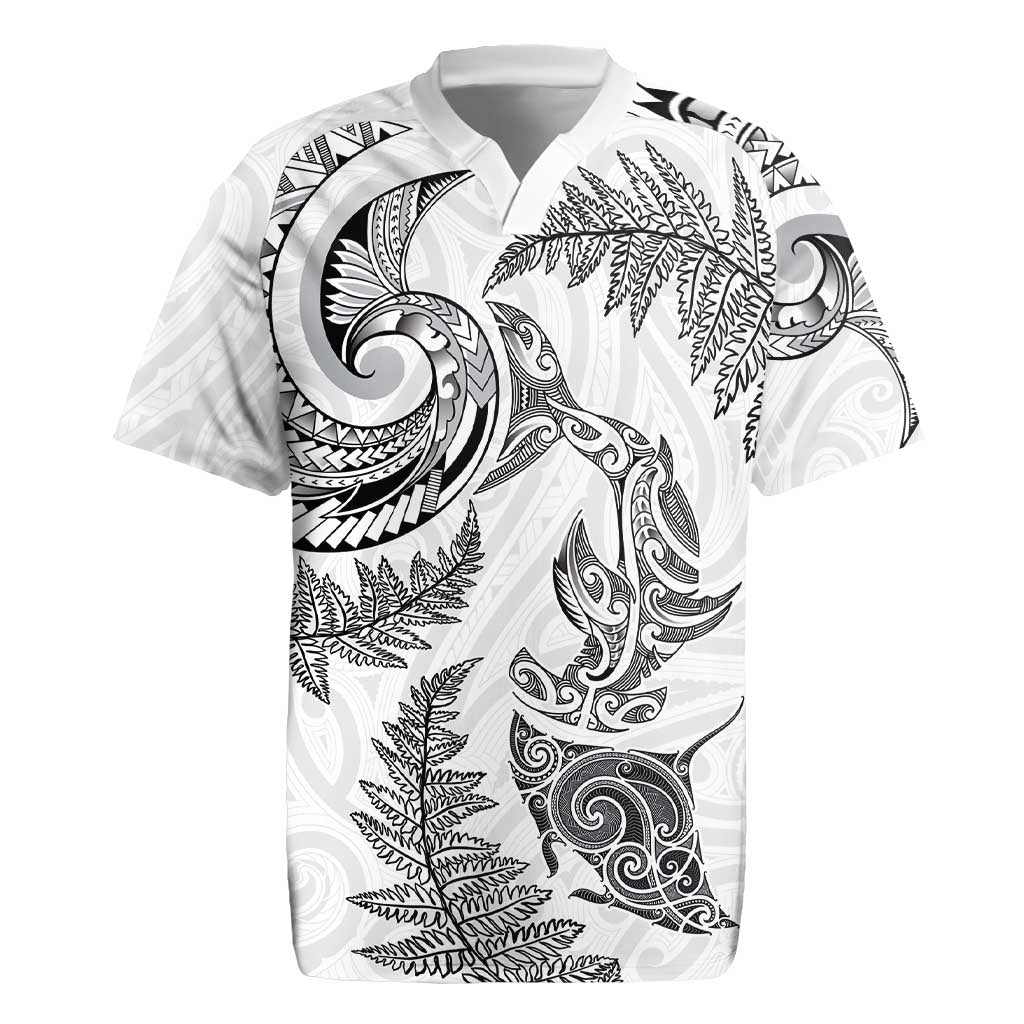 New Zealand Sea Animals with Maori Tribal Tattoo Rugby Jersey Shark Manta Ray with Silver Fern White LT03
