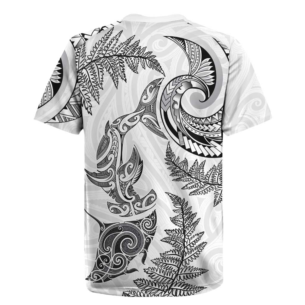 New Zealand Sea Animals with Maori Tribal Tattoo Rugby Jersey Shark Manta Ray with Silver Fern White LT03