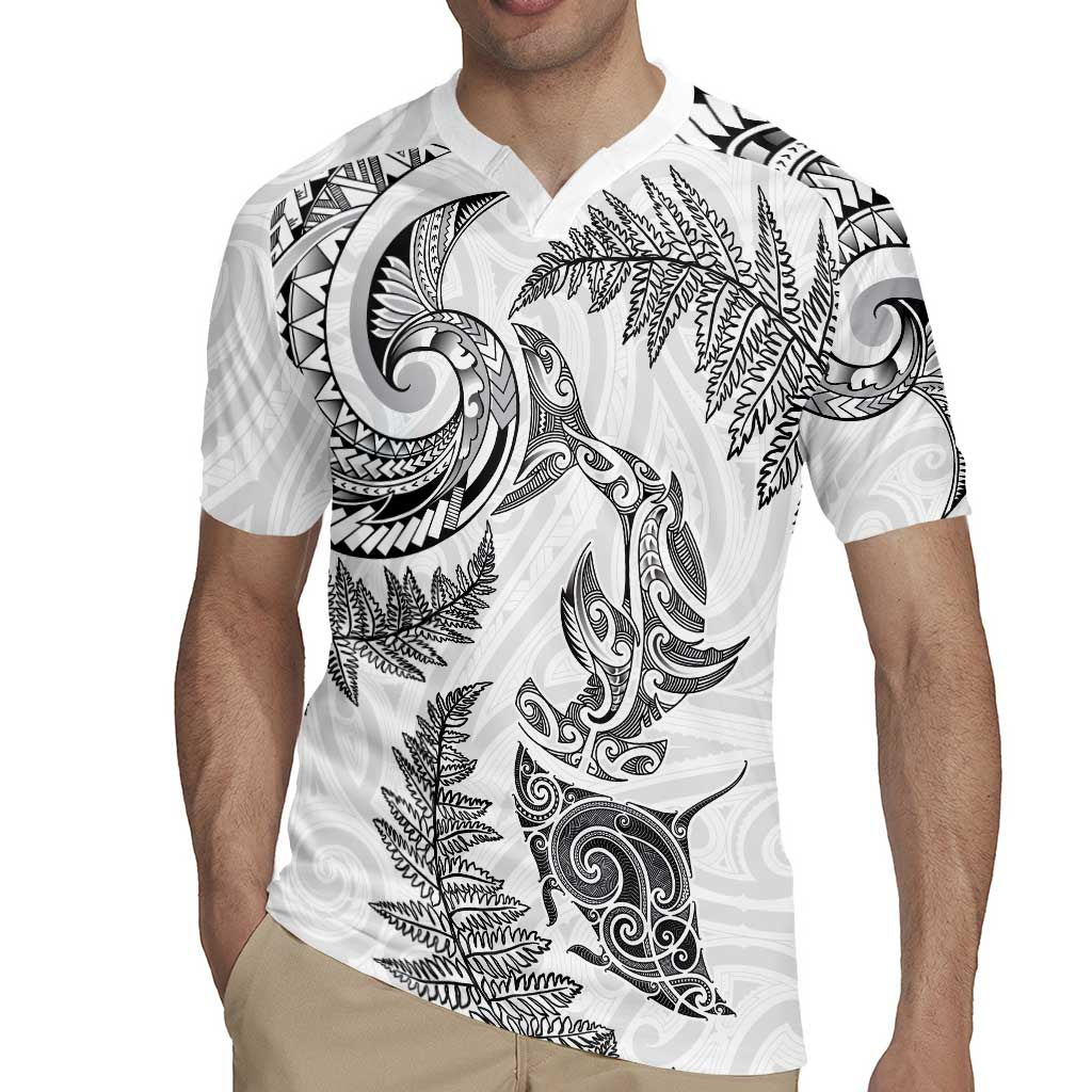 New Zealand Sea Animals with Maori Tribal Tattoo Rugby Jersey Shark Manta Ray with Silver Fern White LT03