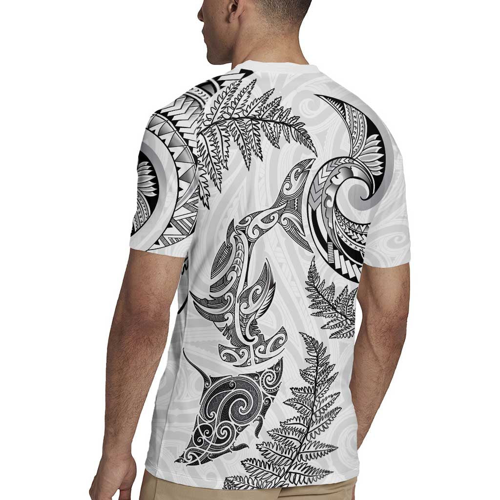 New Zealand Sea Animals with Maori Tribal Tattoo Rugby Jersey Shark Manta Ray with Silver Fern White LT03