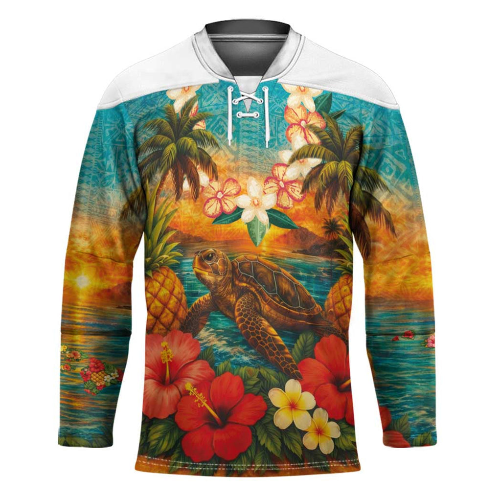 Hawaiian Turtles on Beach Hockey Jersey with Pineapple Tropical Plant and Lei LT03