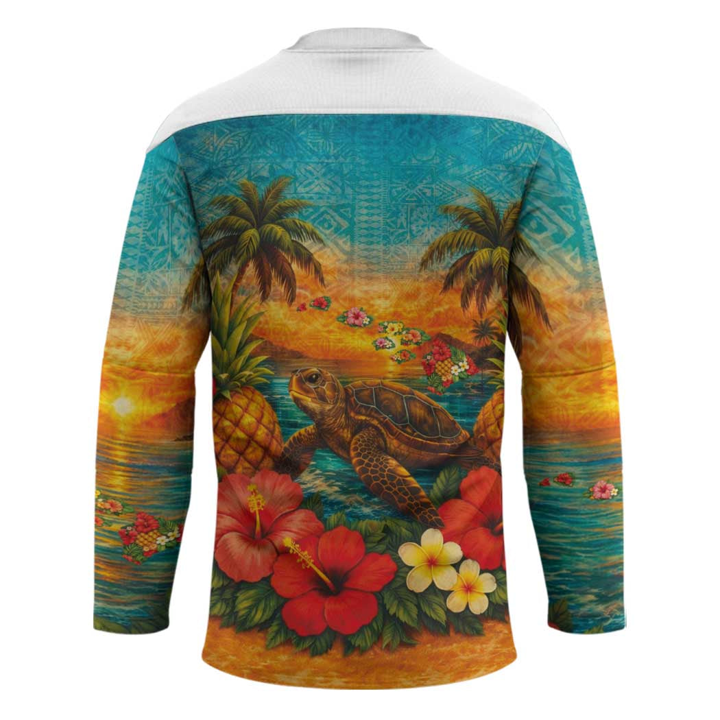 Hawaiian Turtles on Beach Hockey Jersey with Pineapple Tropical Plant and Lei LT03