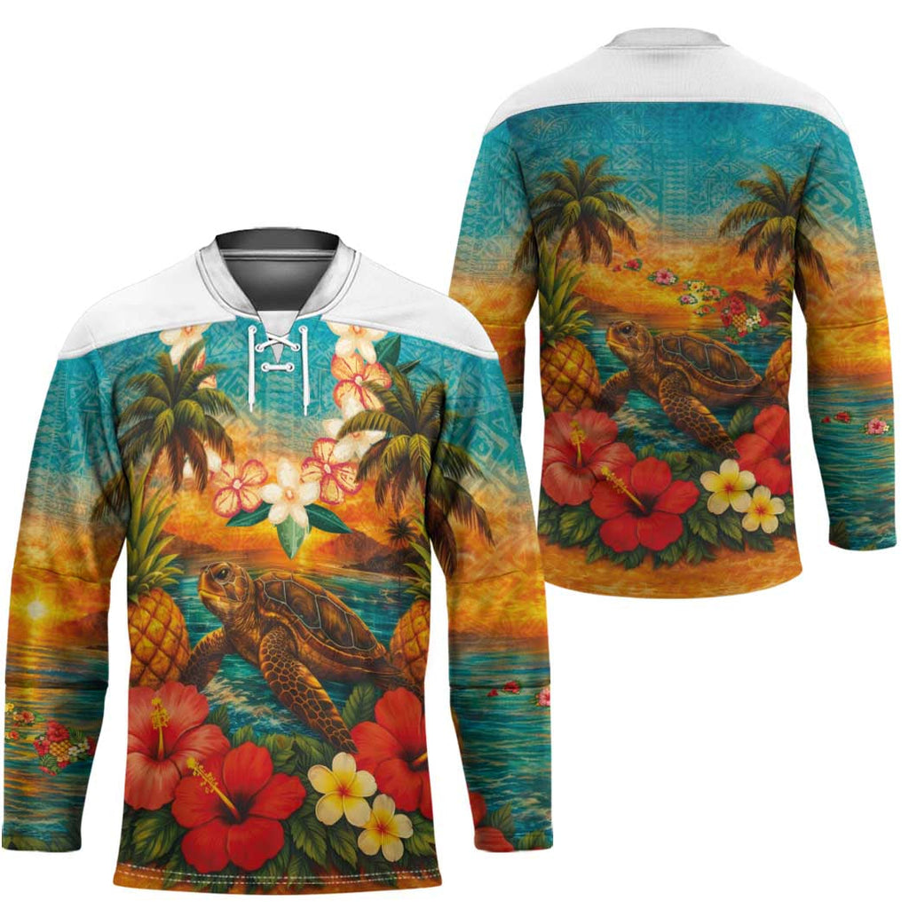 Hawaiian Turtles on Beach Hockey Jersey with Pineapple Tropical Plant and Lei LT03