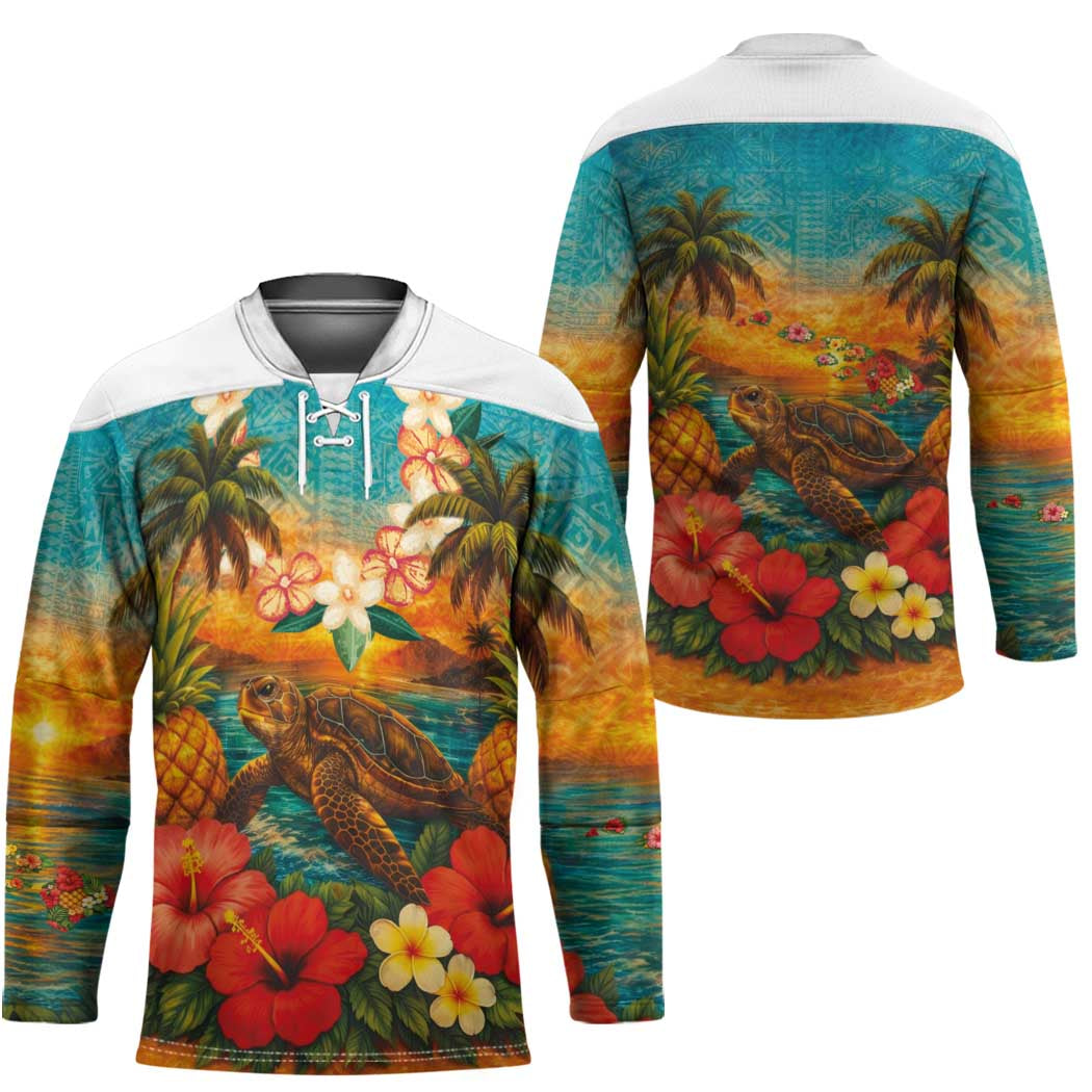 Hawaiian Turtles on Beach Hockey Jersey with Pineapple Tropical Plant and Lei LT03