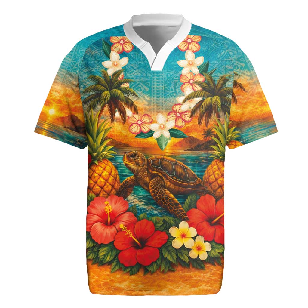 Hawaiian Turtles on Beach Rugby Jersey with Pineapple Tropical Plant and Lei LT03