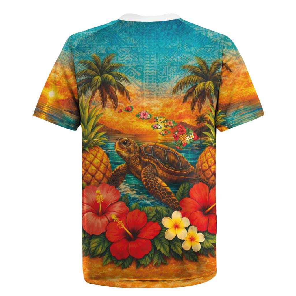Hawaiian Turtles on Beach Rugby Jersey with Pineapple Tropical Plant and Lei LT03