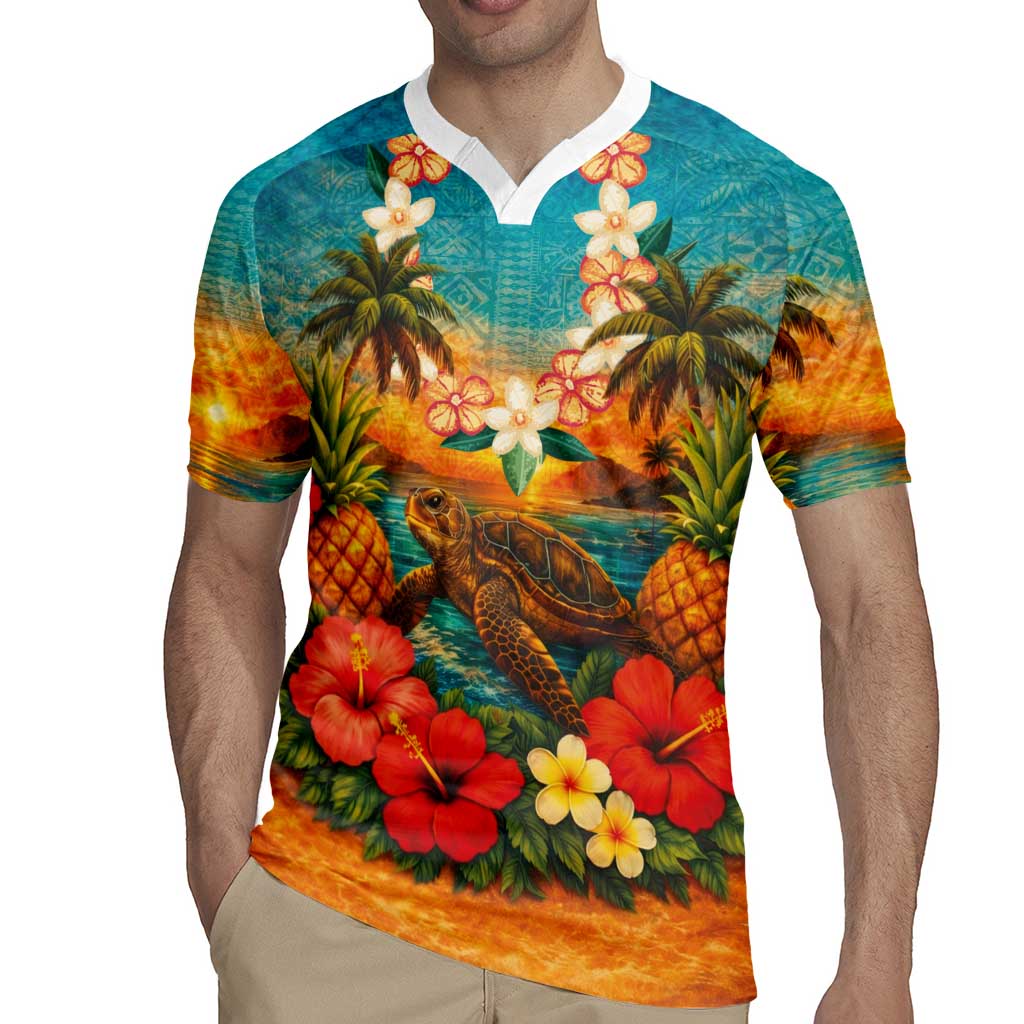 Hawaiian Turtles on Beach Rugby Jersey with Pineapple Tropical Plant and Lei LT03