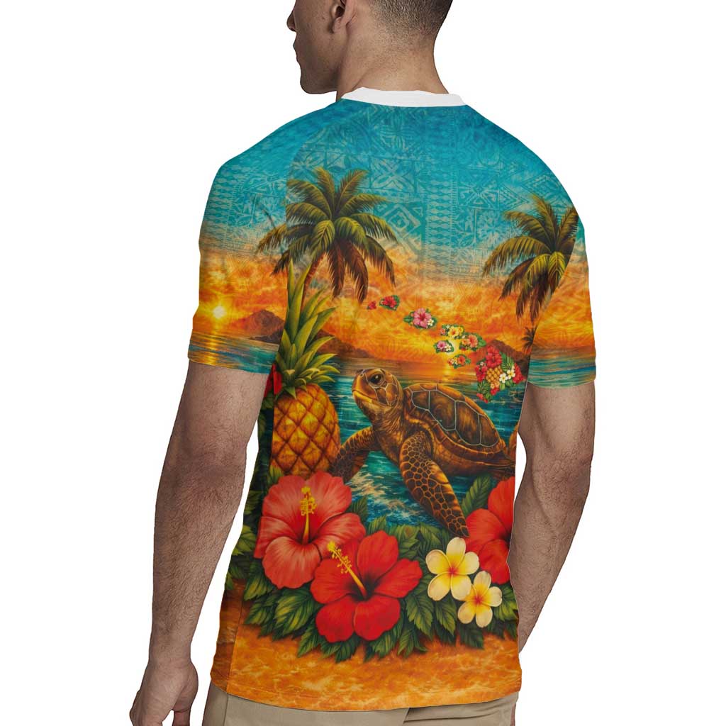Hawaiian Turtles on Beach Rugby Jersey with Pineapple Tropical Plant and Lei LT03