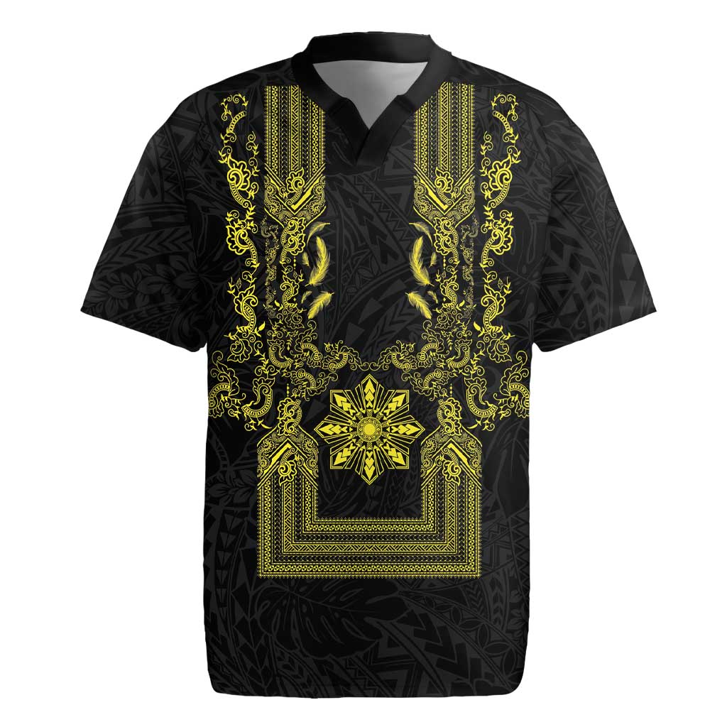 Philippines Barong Style Rugby Jersey with Polynesian Art and Leaf Motif Black-Gold Color LT03