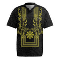 Philippines Barong Style Rugby Jersey with Polynesian Art and Leaf Motif Black-Gold Color LT03