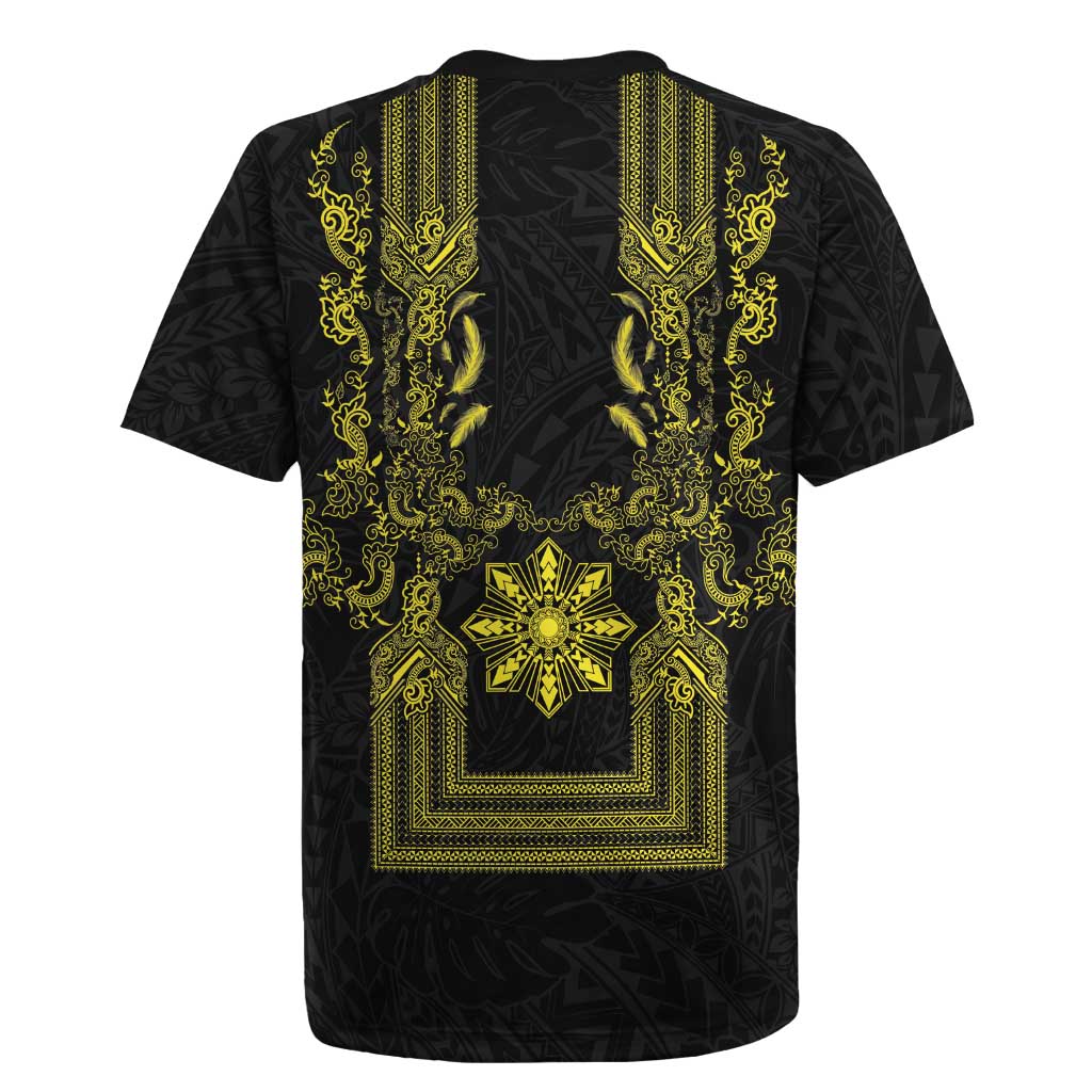Philippines Barong Style Rugby Jersey with Polynesian Art and Leaf Motif Black-Gold Color LT03