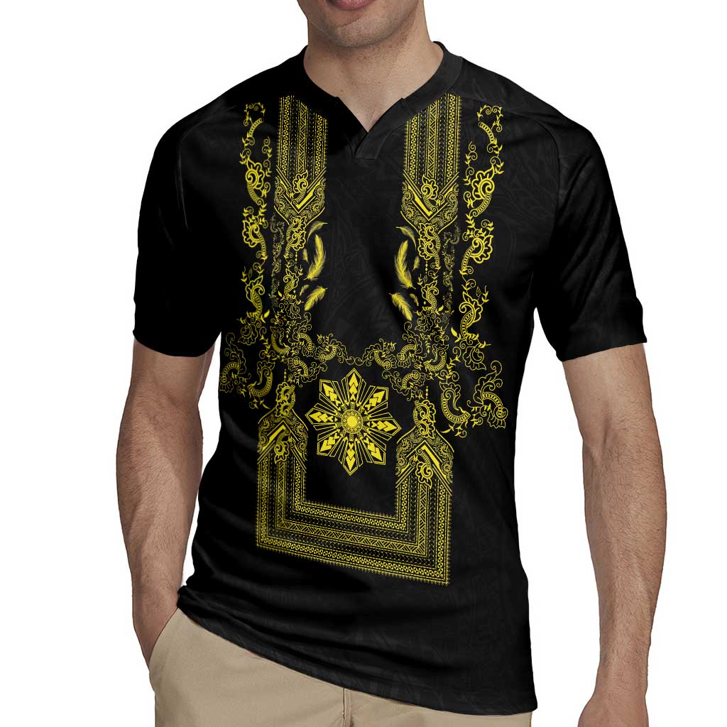Philippines Barong Style Rugby Jersey with Polynesian Art and Leaf Motif Black-Gold Color LT03