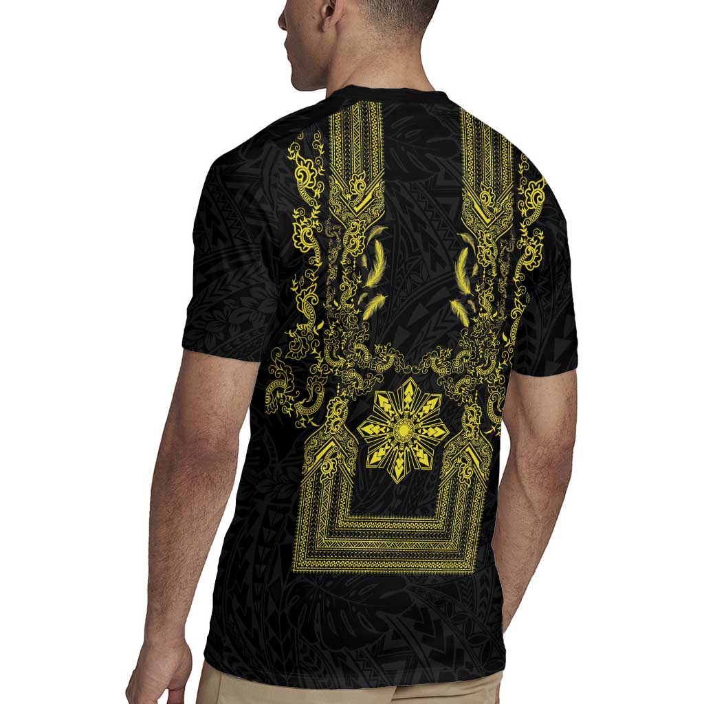 Philippines Barong Style Rugby Jersey with Polynesian Art and Leaf Motif Black-Gold Color LT03