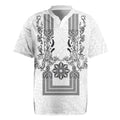 Philippines Barong Style Rugby Jersey with Polynesian Art and Leaf Motif Black-White Color LT03