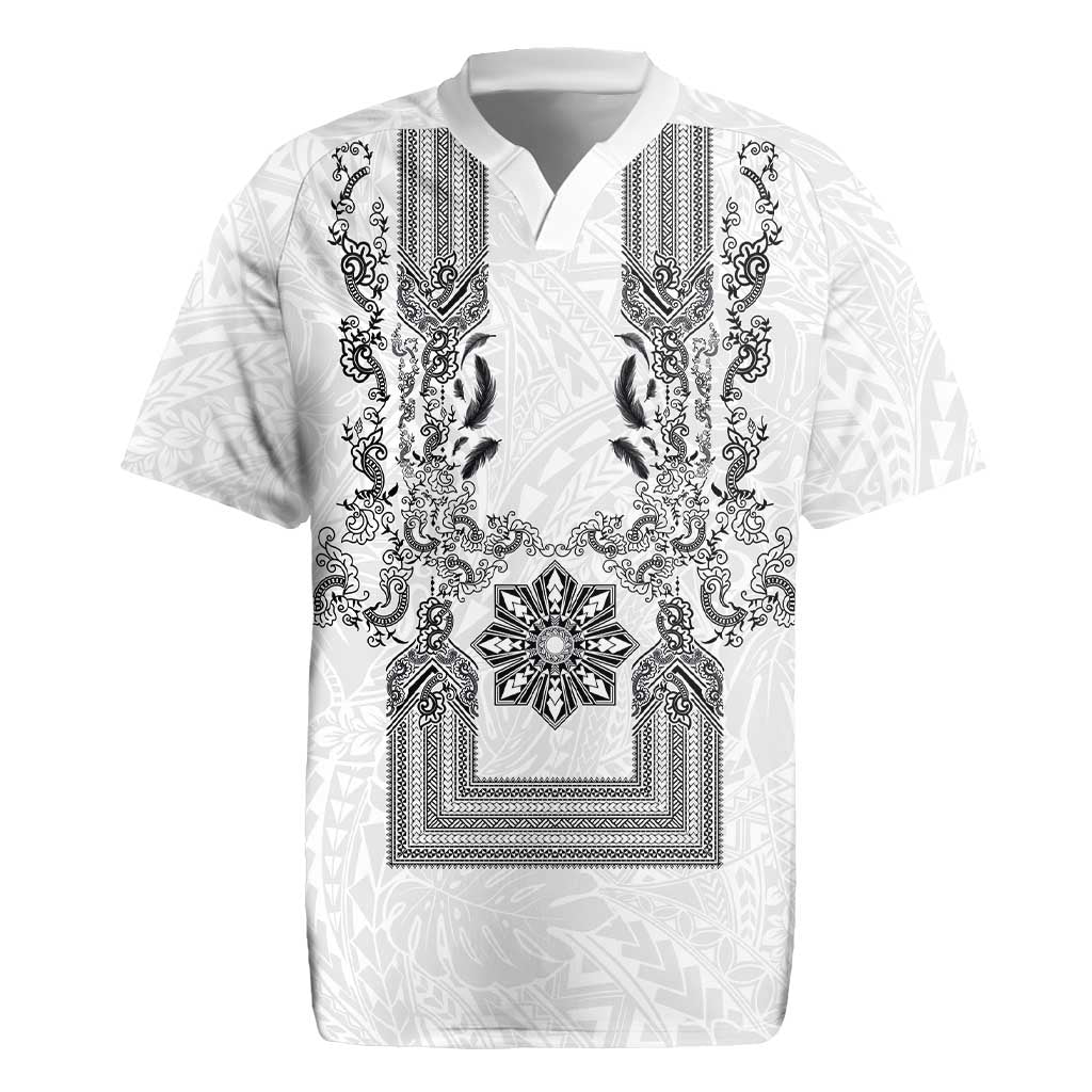 Philippines Barong Style Rugby Jersey with Polynesian Art and Leaf Motif Black-White Color LT03
