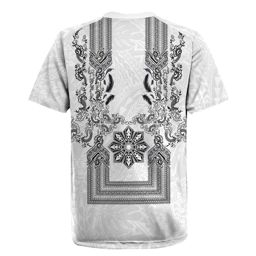 Philippines Barong Style Rugby Jersey with Polynesian Art and Leaf Motif Black-White Color LT03