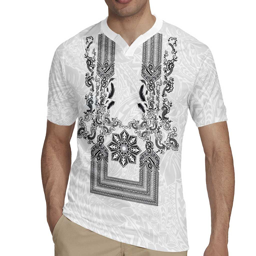 Philippines Barong Style Rugby Jersey with Polynesian Art and Leaf Motif Black-White Color LT03