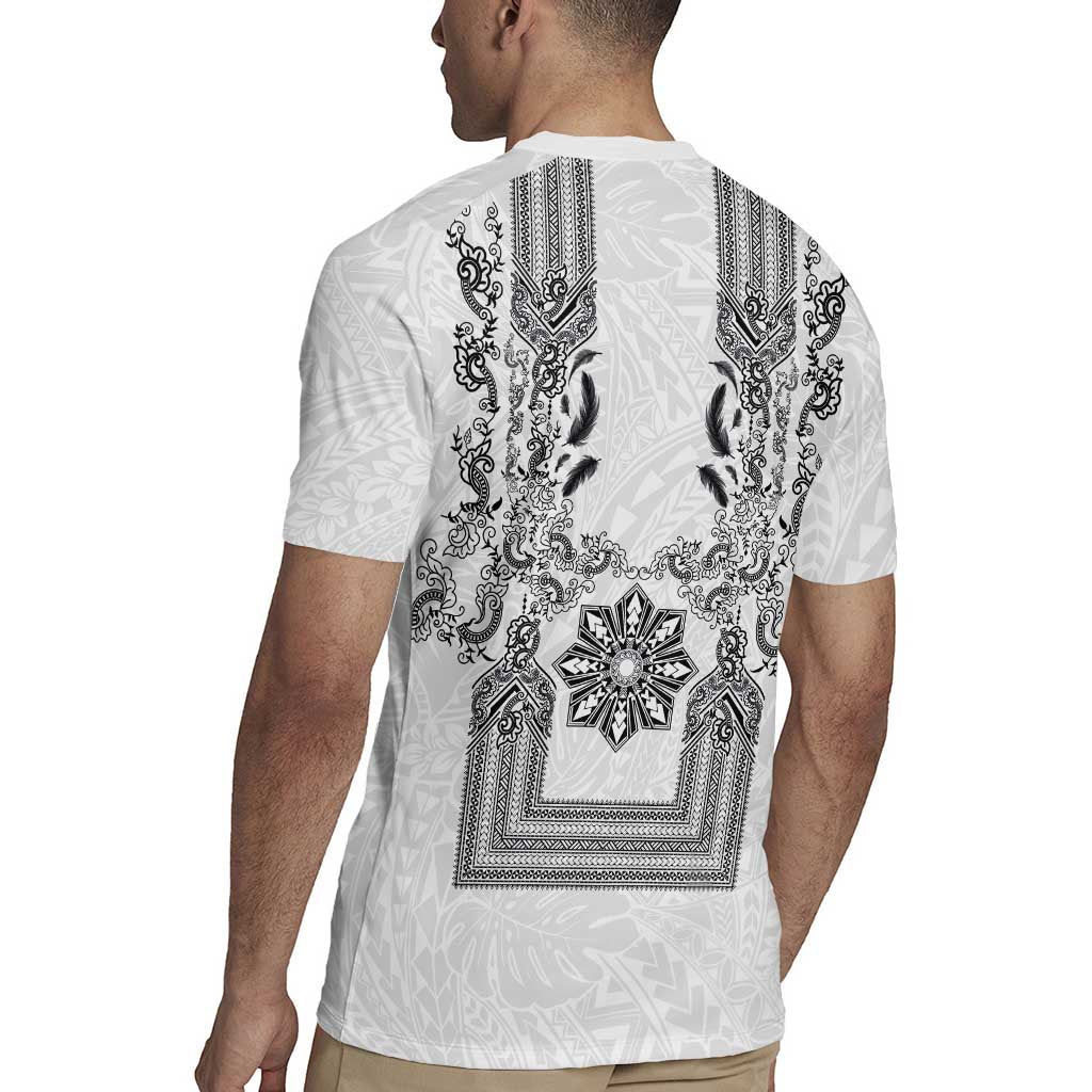 Philippines Barong Style Rugby Jersey with Polynesian Art and Leaf Motif Black-White Color LT03