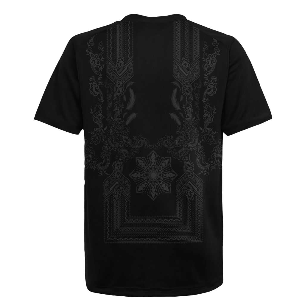 Philippines Barong Style Rugby Jersey with Polynesian Art and Leaf Motif Black Color LT03