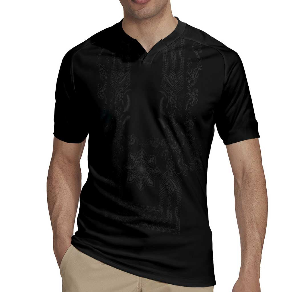 Philippines Barong Style Rugby Jersey with Polynesian Art and Leaf Motif Black Color LT03