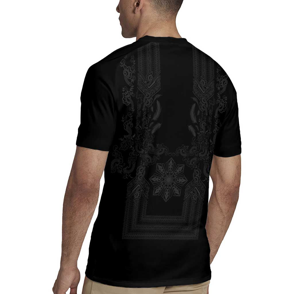 Philippines Barong Style Rugby Jersey with Polynesian Art and Leaf Motif Black Color LT03