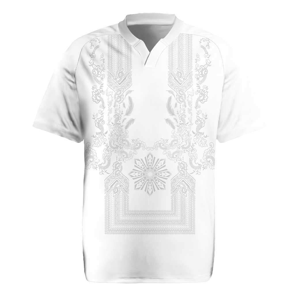 Philippines Barong Style Rugby Jersey with Polynesian Art and Leaf Motif White Color LT03