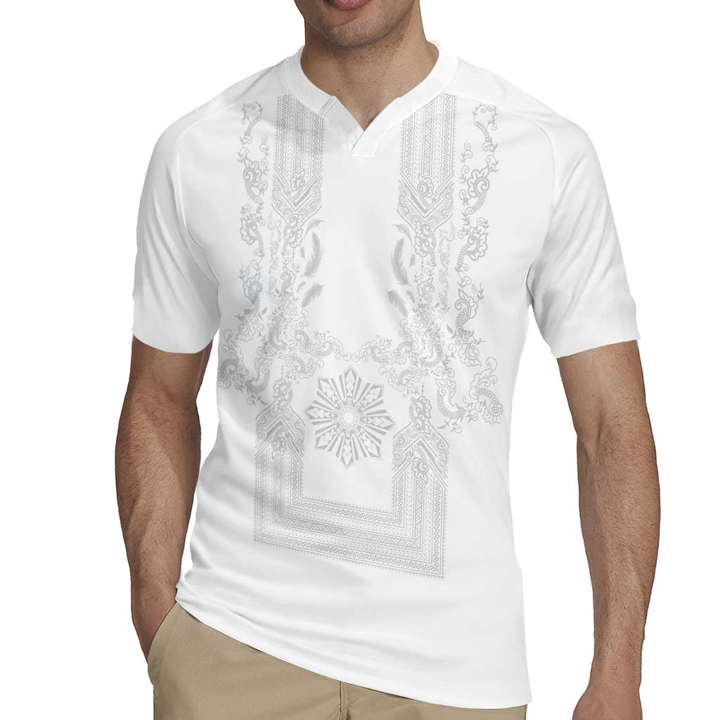 Philippines Barong Style Rugby Jersey with Polynesian Art and Leaf Motif White Color LT03