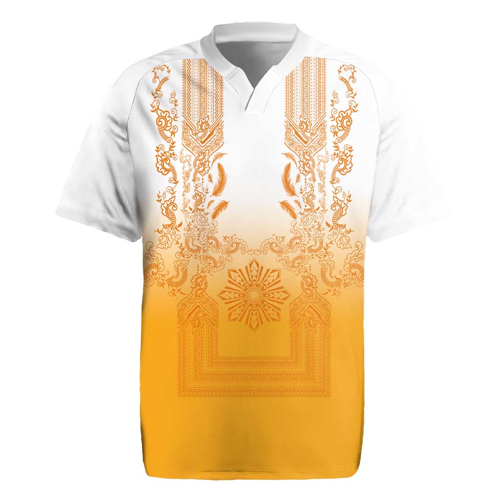 Philippines Barong Style Rugby Jersey with Polynesian Art and Leaf Motif Yellow Color LT03