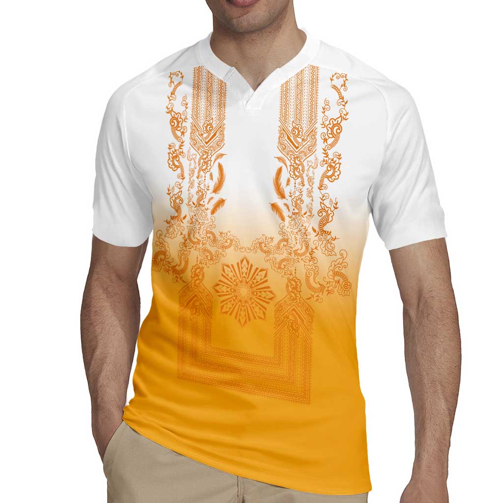 Philippines Barong Style Rugby Jersey with Polynesian Art and Leaf Motif Yellow Color LT03