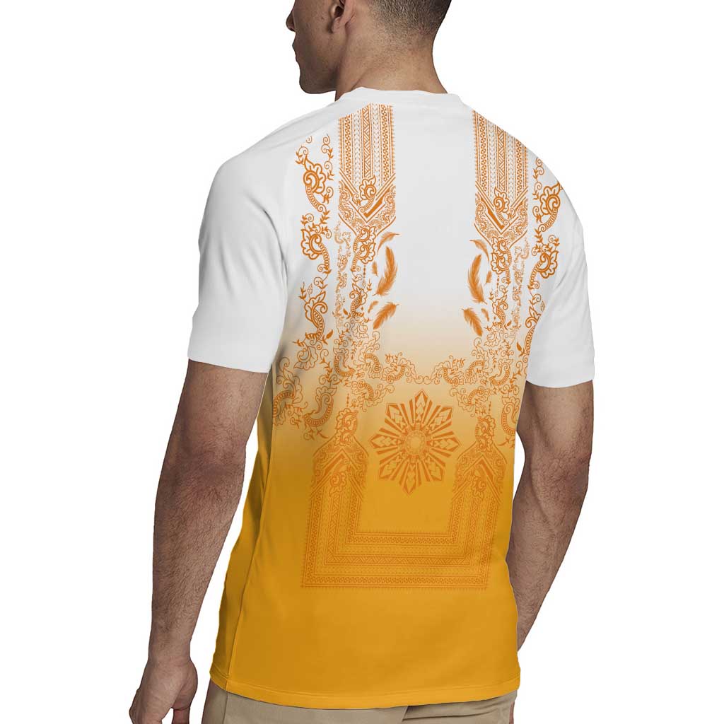 Philippines Barong Style Rugby Jersey with Polynesian Art and Leaf Motif Yellow Color LT03