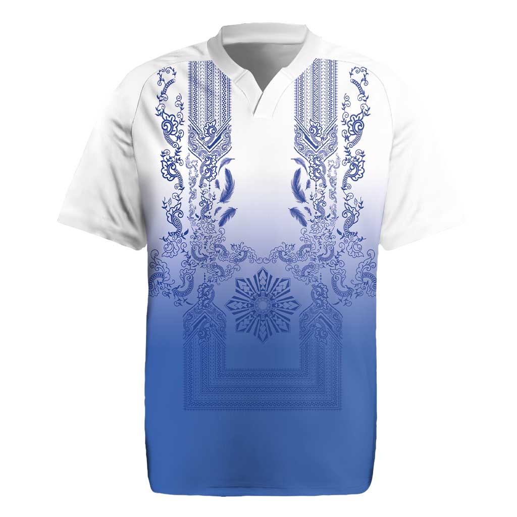 Philippines Barong Style Rugby Jersey with Polynesian Art and Leaf Motif Blue Color LT03