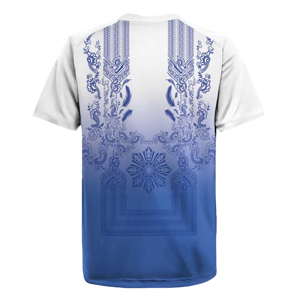 Philippines Barong Style Rugby Jersey with Polynesian Art and Leaf Motif Blue Color LT03