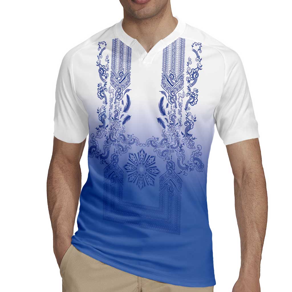 Philippines Barong Style Rugby Jersey with Polynesian Art and Leaf Motif Blue Color LT03