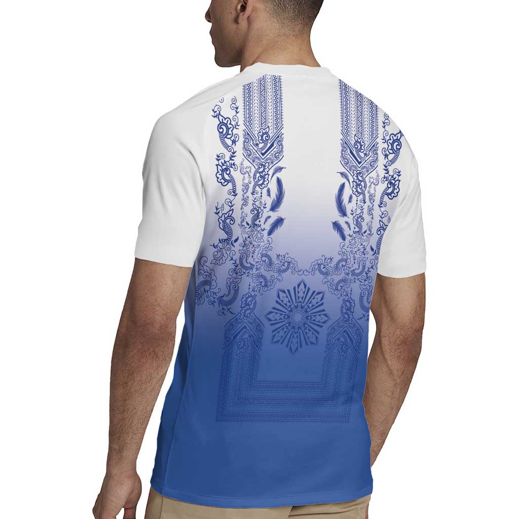 Philippines Barong Style Rugby Jersey with Polynesian Art and Leaf Motif Blue Color LT03
