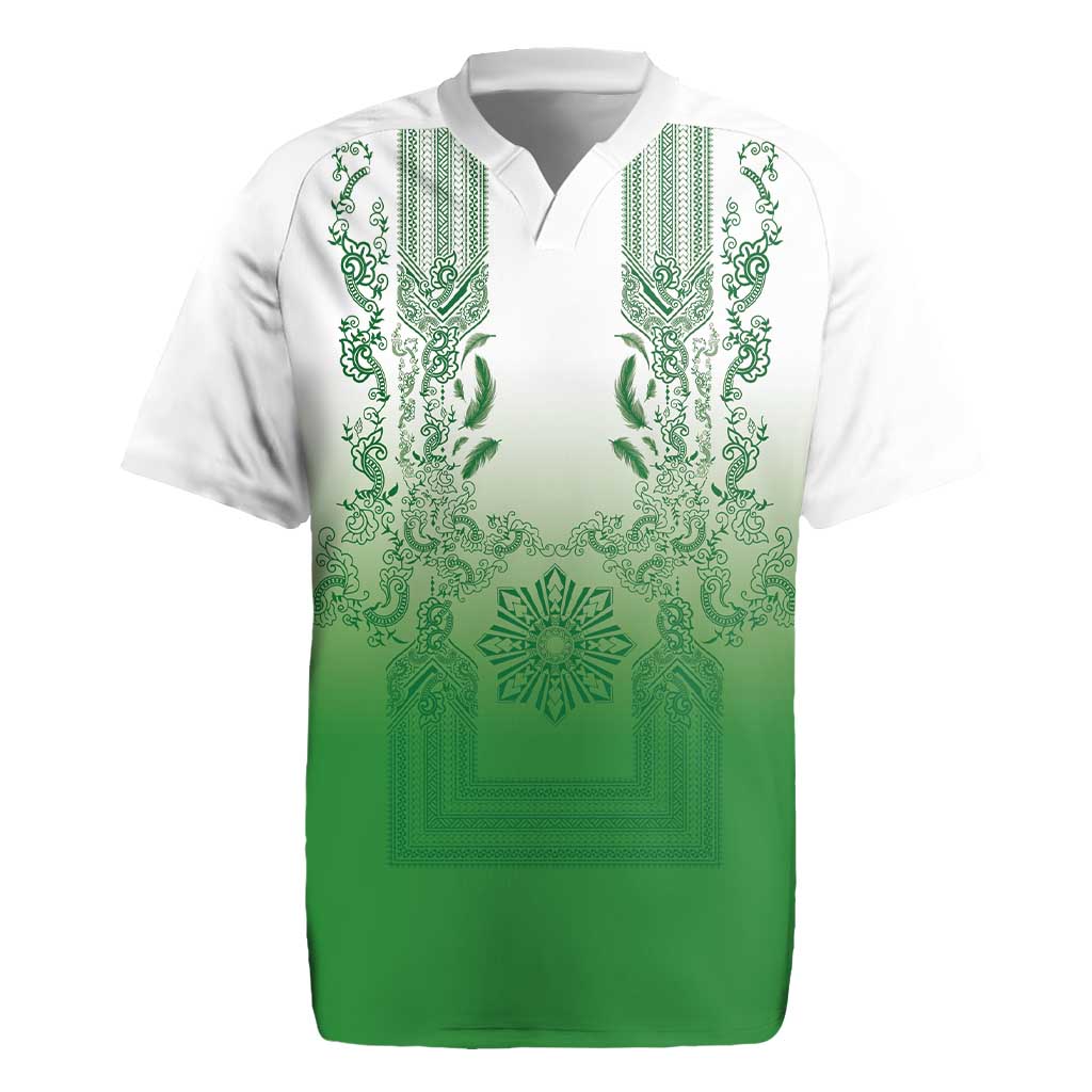 Philippines Barong Style Rugby Jersey with Polynesian Art and Leaf Motif Green Color LT03