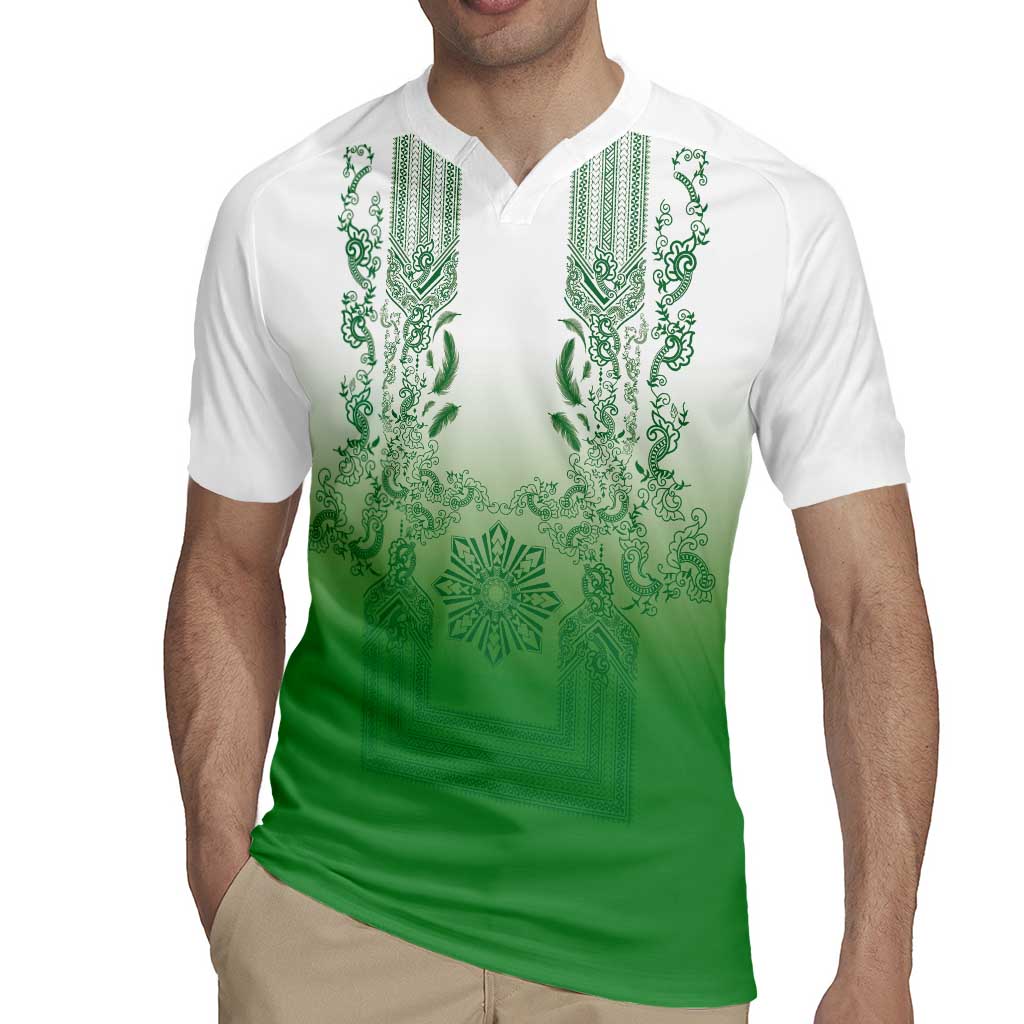 Philippines Barong Style Rugby Jersey with Polynesian Art and Leaf Motif Green Color LT03