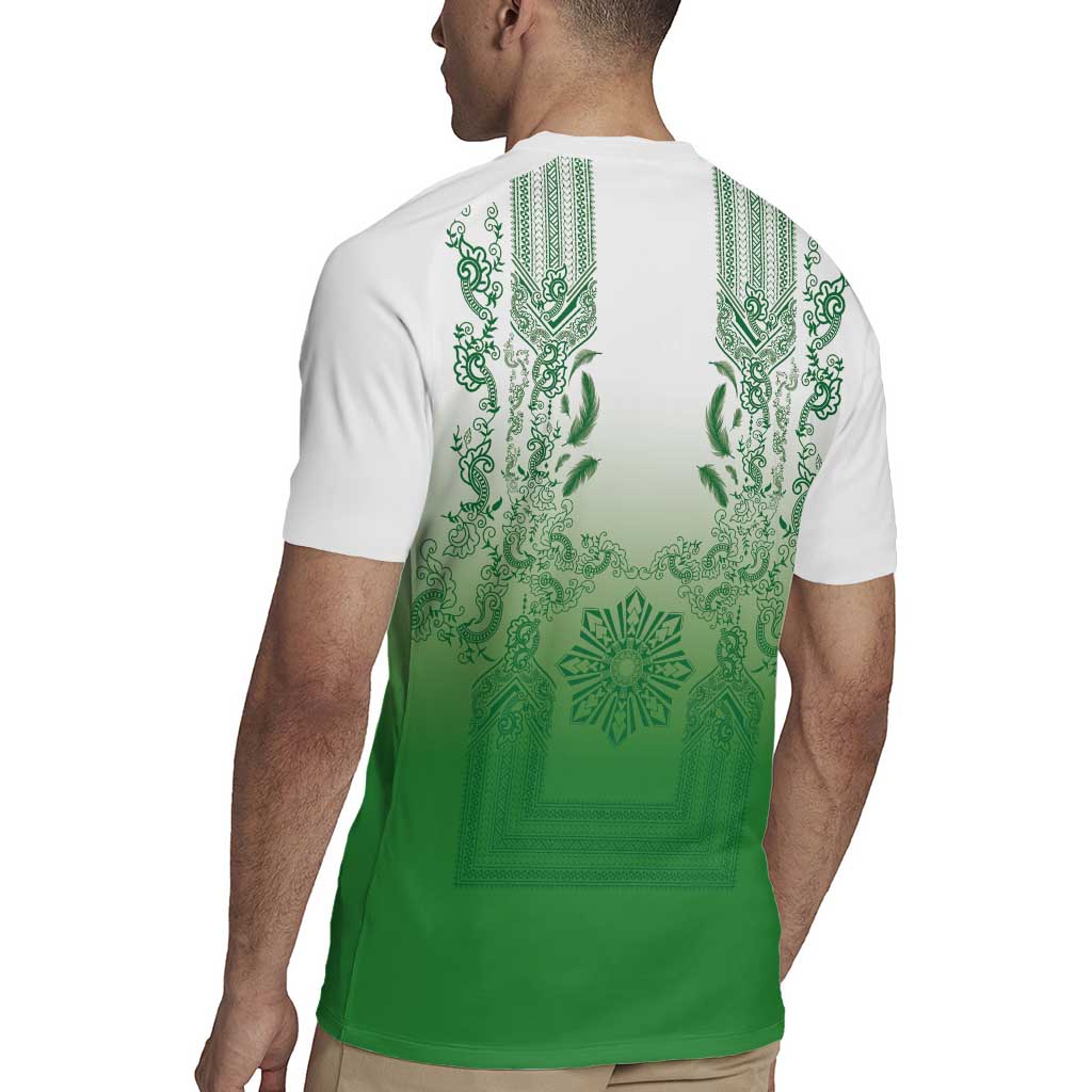 Philippines Barong Style Rugby Jersey with Polynesian Art and Leaf Motif Green Color LT03