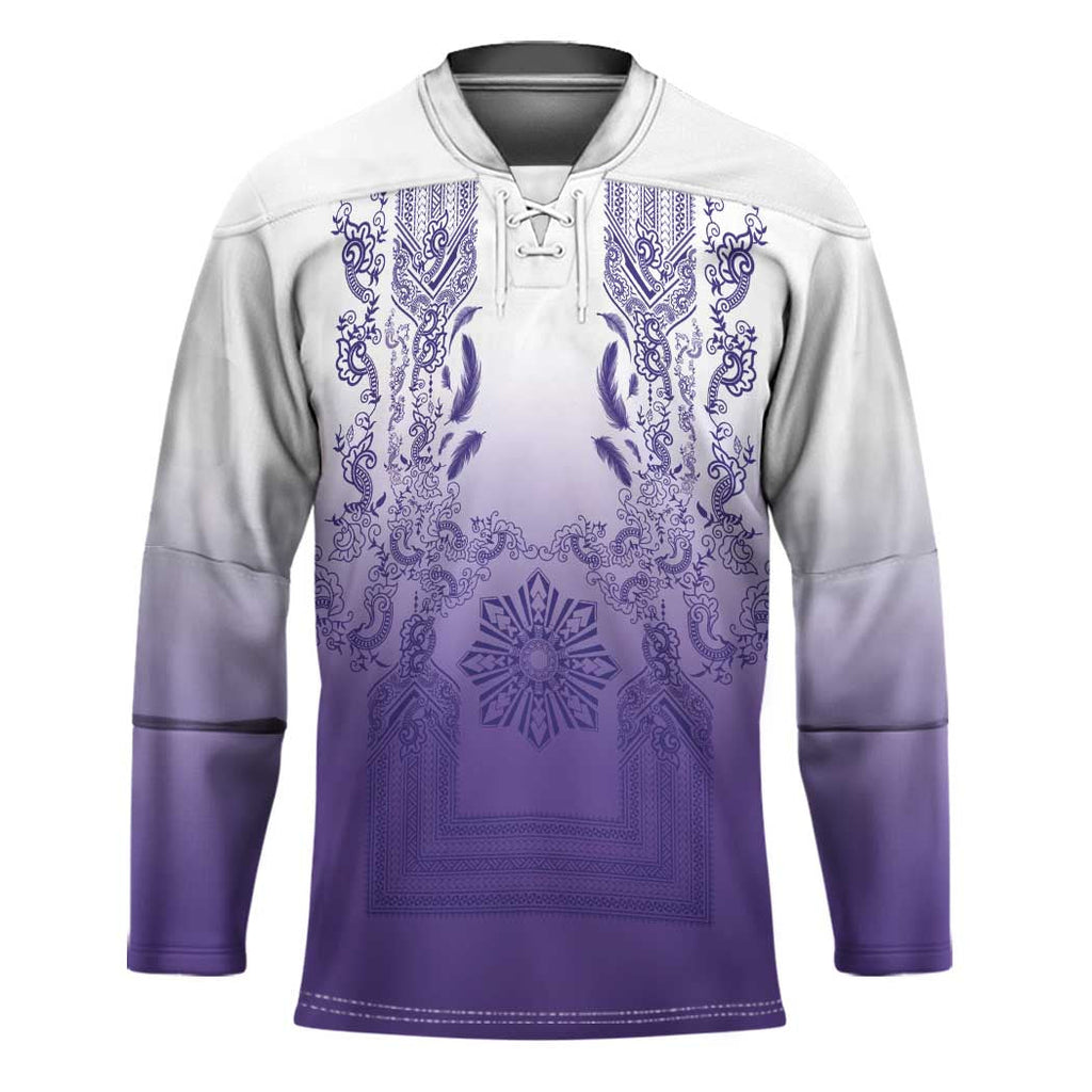 Philippines Barong Style Hockey Jersey with Polynesian Art and Leaf Motif Purple Color LT03