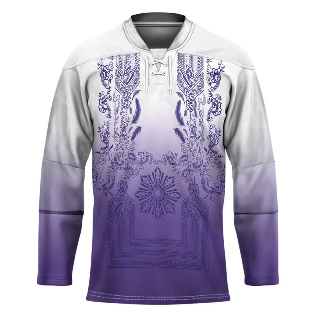 Philippines Barong Style Hockey Jersey with Polynesian Art and Leaf Motif Purple Color LT03