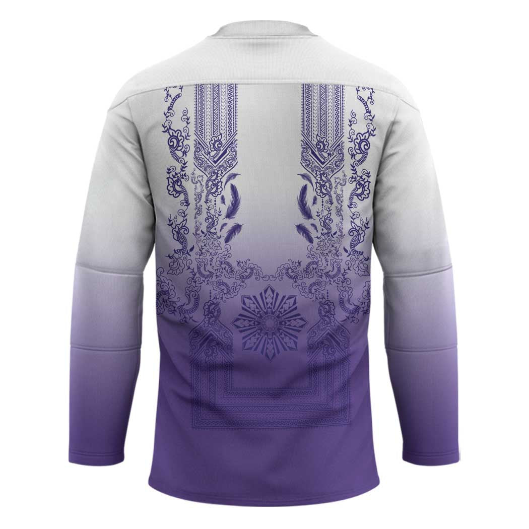 Philippines Barong Style Hockey Jersey with Polynesian Art and Leaf Motif Purple Color LT03