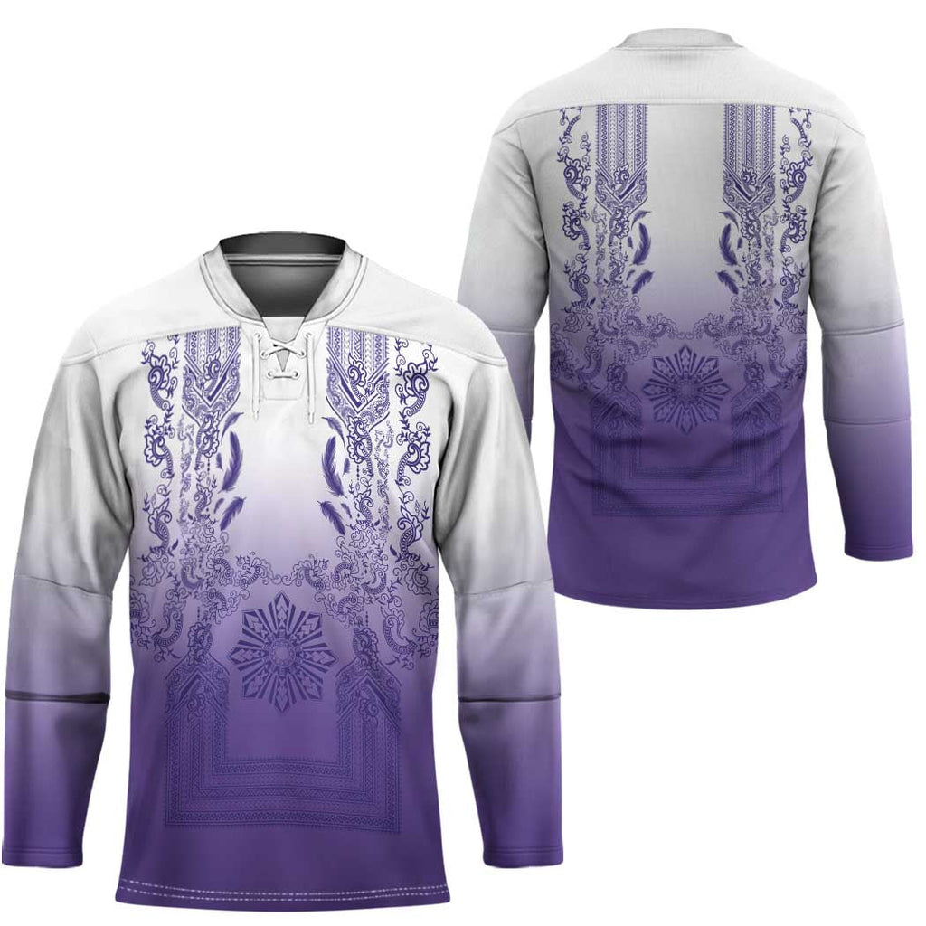 Philippines Barong Style Hockey Jersey with Polynesian Art and Leaf Motif Purple Color LT03