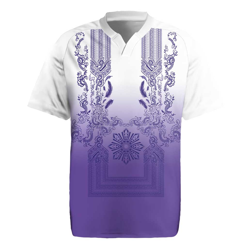 Philippines Barong Style Rugby Jersey with Polynesian Art and Leaf Motif Purple Color LT03