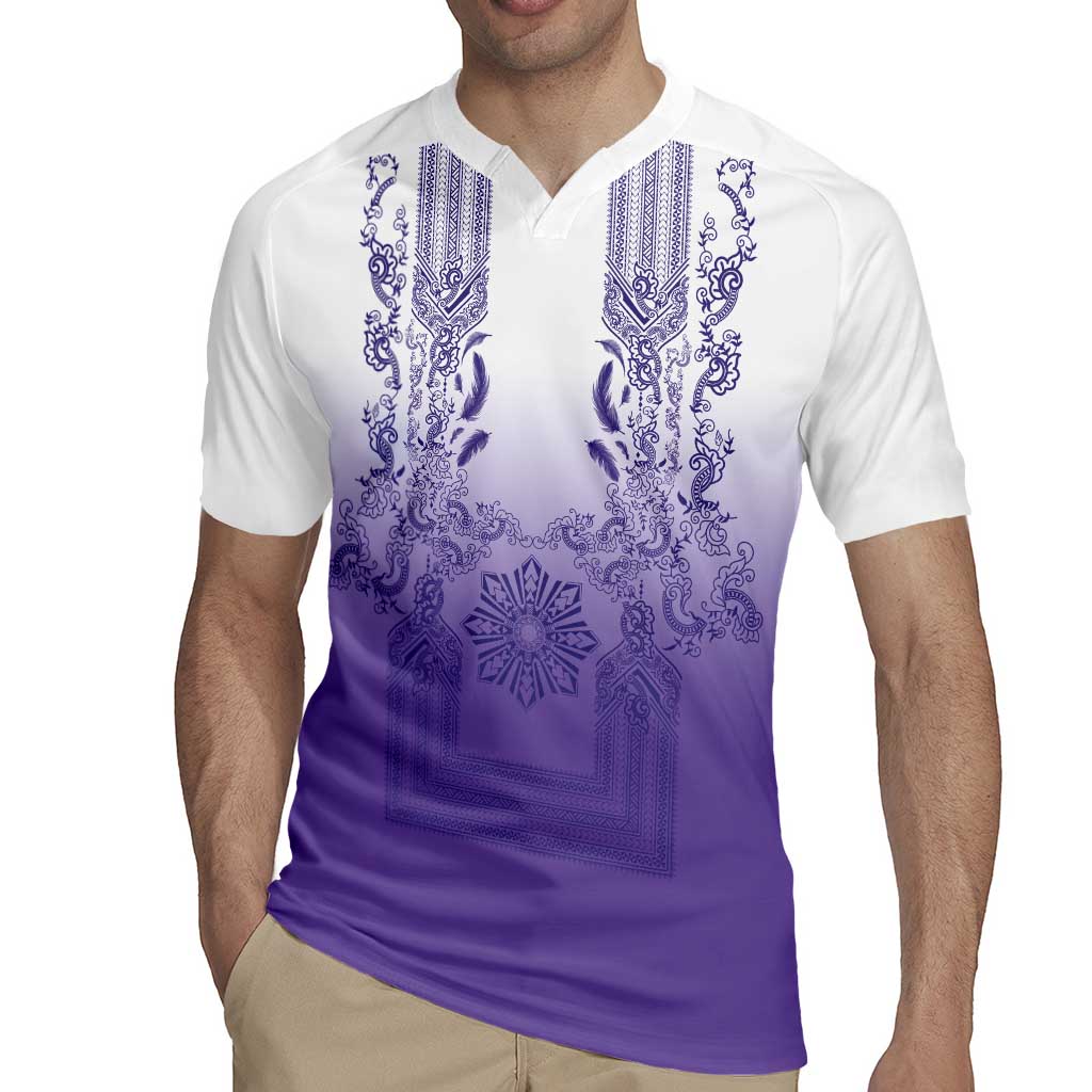 Philippines Barong Style Rugby Jersey with Polynesian Art and Leaf Motif Purple Color LT03