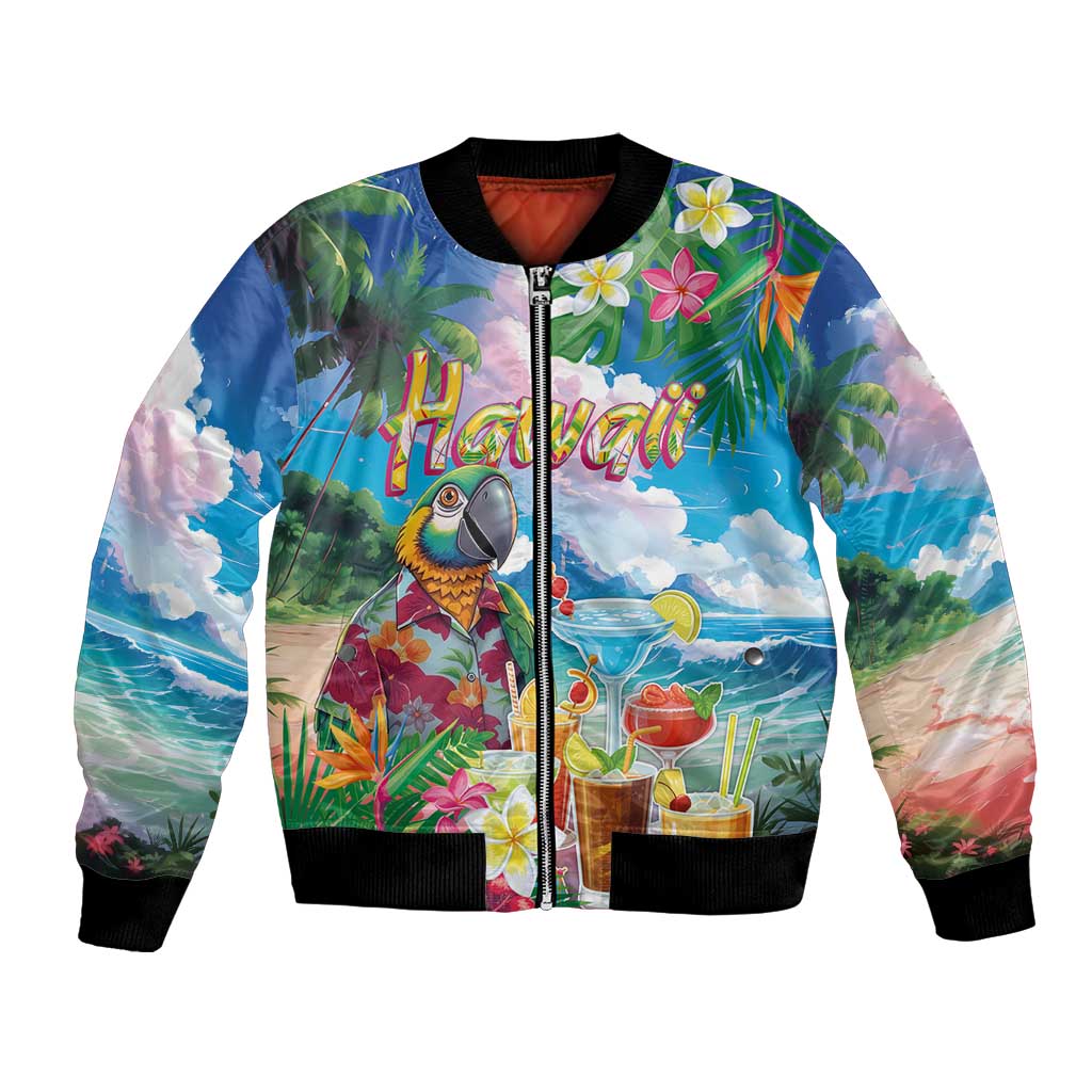 Hawaii Cocktails Bomber Jacket Parrot with Cute Beach Landscape and Tropical Plants LT03