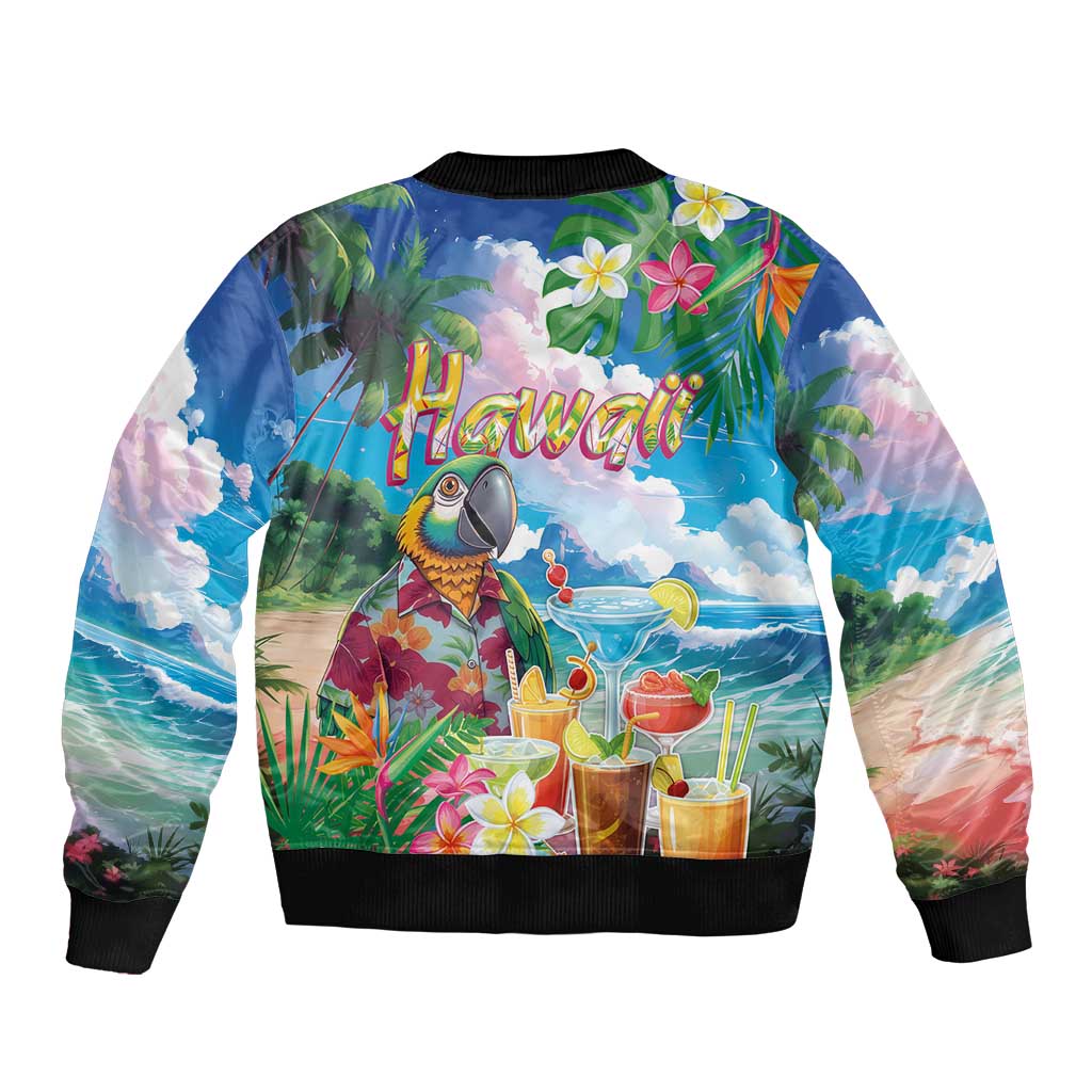 Hawaii Cocktails Bomber Jacket Parrot with Cute Beach Landscape and Tropical Plants LT03