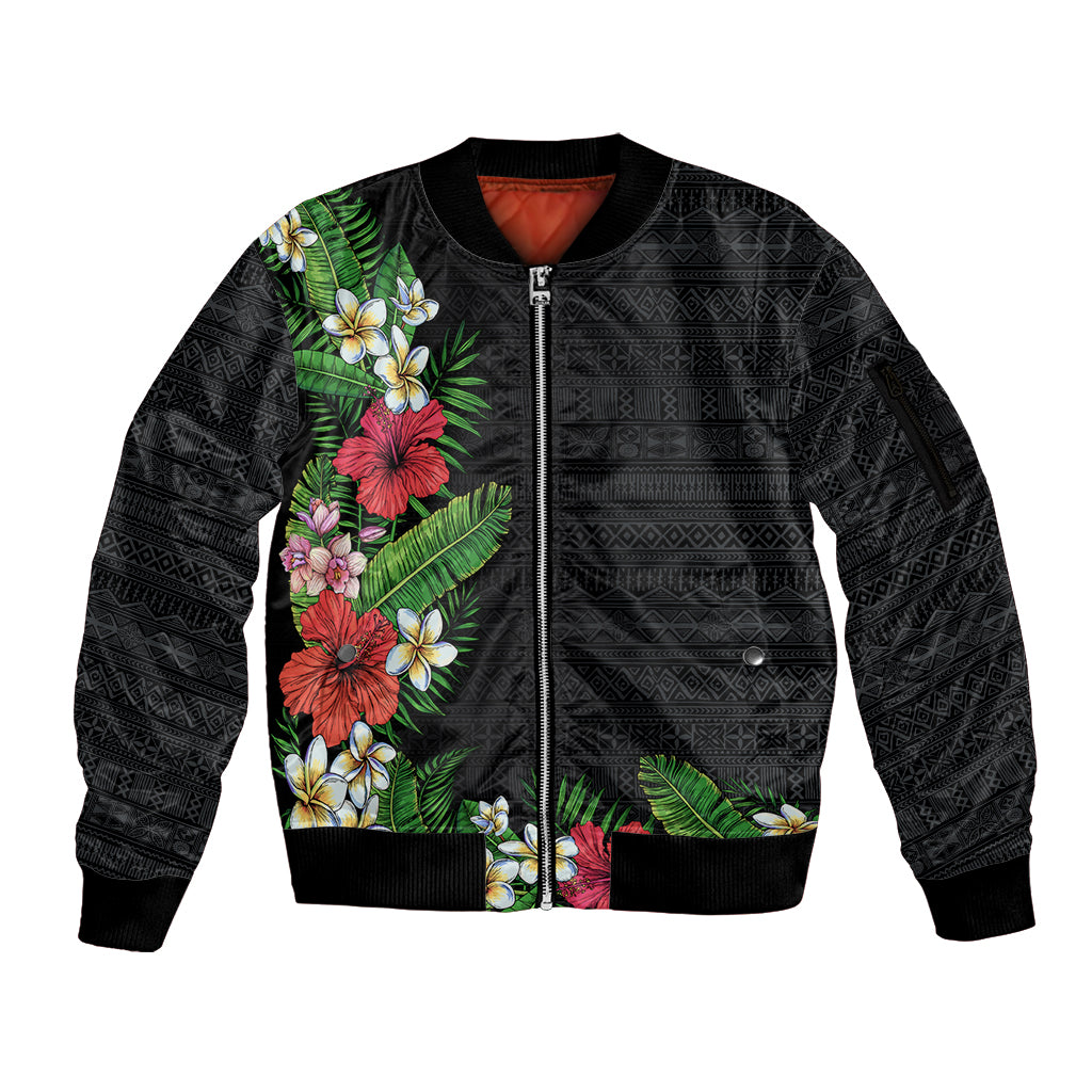 Hawaii Tropical Flowers and Leaves Sleeve Zip Bomber Jacket Tapa Pattern Colorful Mode LT03