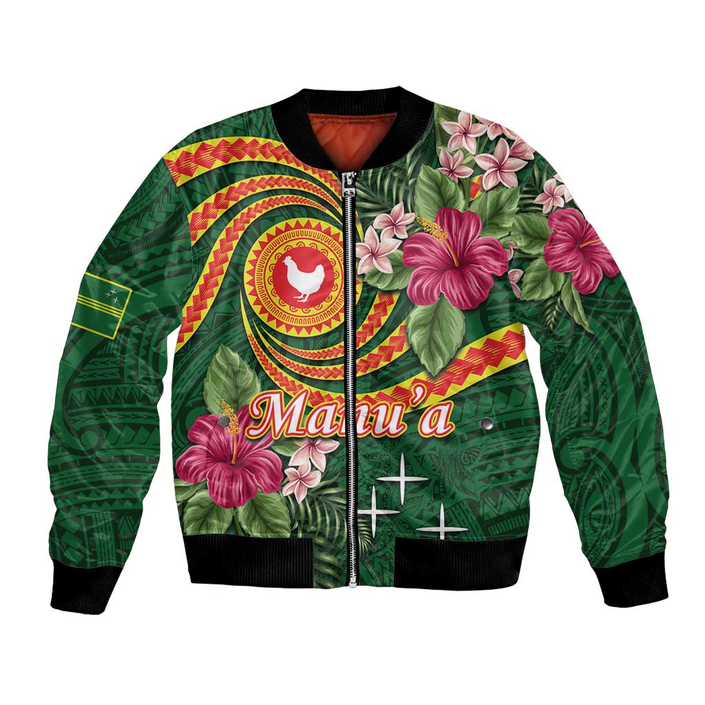 Personalised Manuʻa Islands Bomber Jacket Polynesian Art Tattoo Style and Tropical Plants LT03