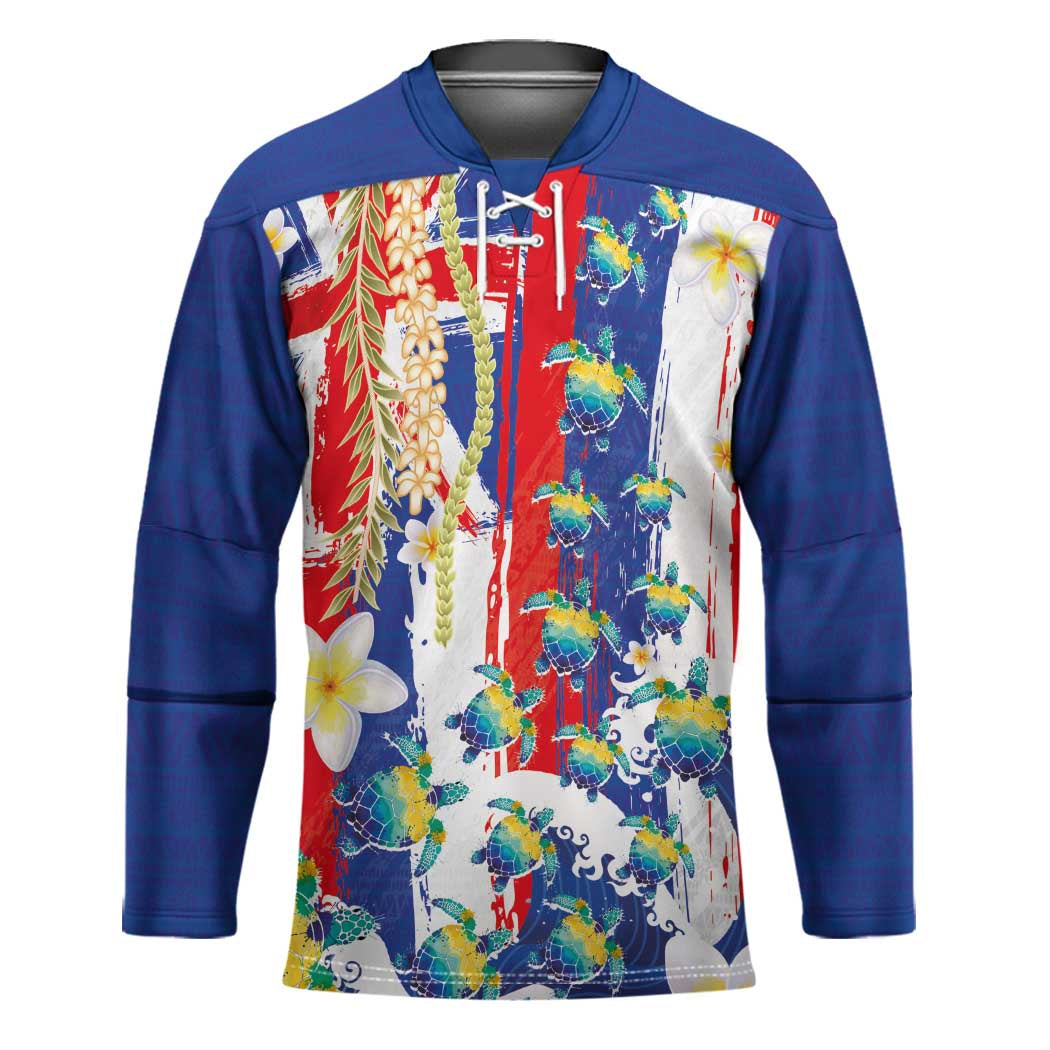 Hawaiian Sea Turtles and Plumeria Hockey Jersey with Lei and Flag Grunge Style LT03