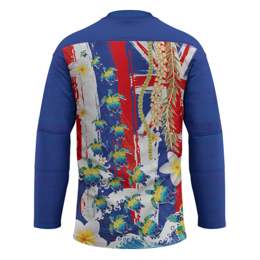 Hawaiian Sea Turtles and Plumeria Hockey Jersey with Lei and Flag Grunge Style LT03
